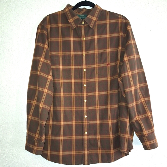 Lauren Ralph Lauren Woman Brown 100% Cotton Snap Long Sleeve Shirt 2X PLUS - Picture 1 of 7